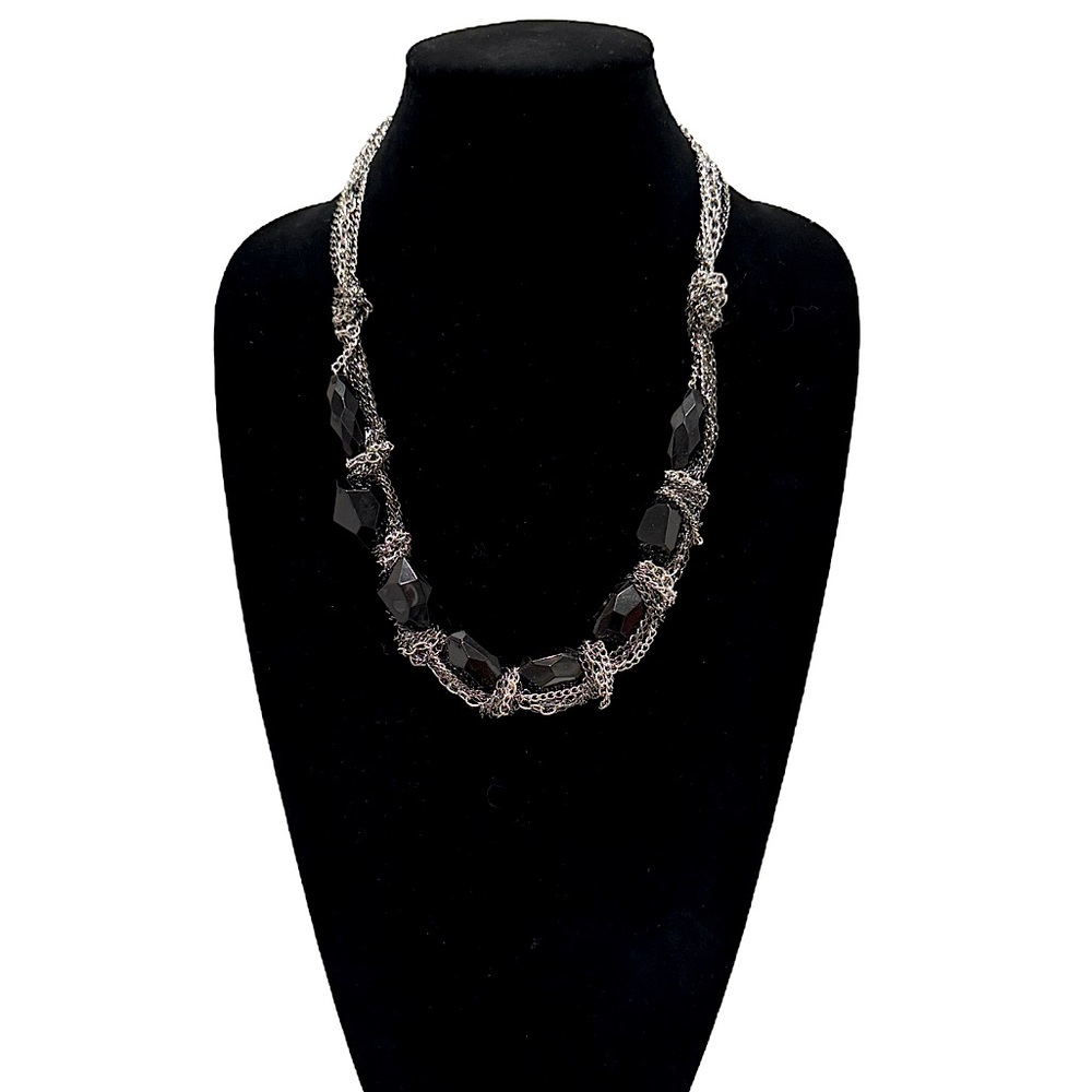 BLACK BEAUTY | Statement Black Faceted Bead & Silver-Tone Chain Necklace | NWOT